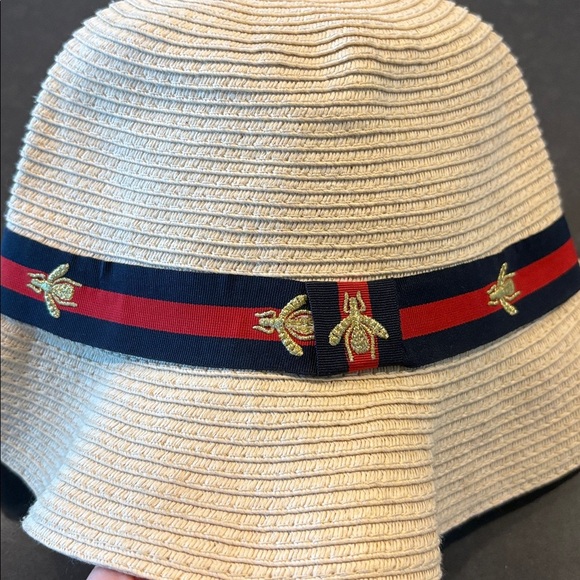 Authentic Gucci Bee-Embellished Woven Panama Hat with striped ribbon band UNISEX - Picture 7 of 7
